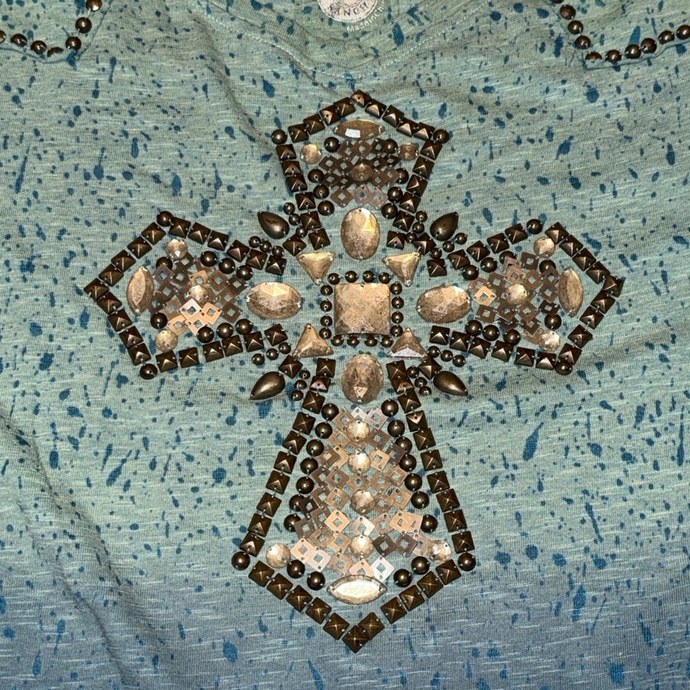 Double D Ranch women’s large shirt long sleeve Teal blue ombre cross embellish - Picture 2 of 11